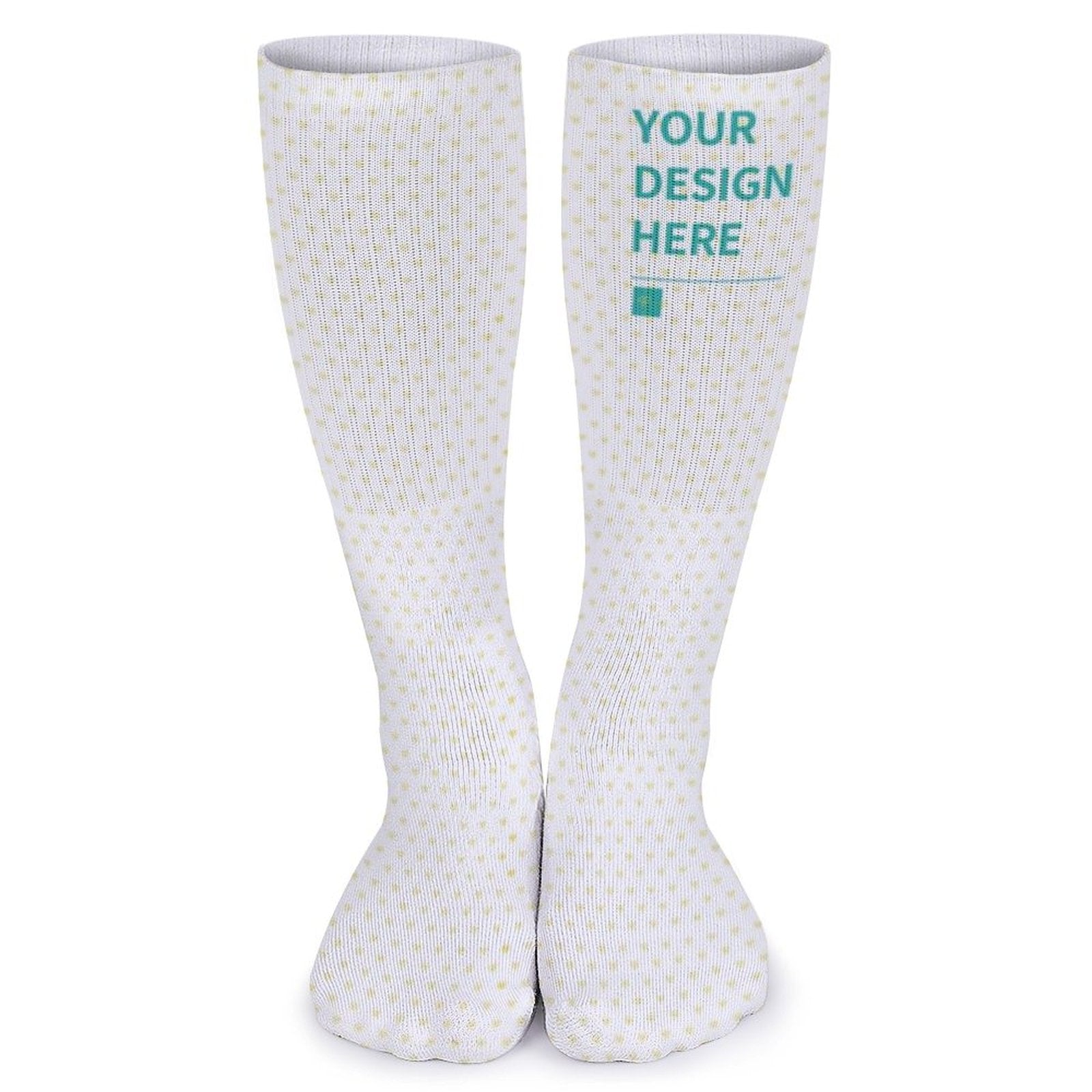 Customizable white socks with Your Design Here text, breathable long socks for men and women, personalized gifts.