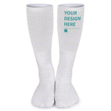 Customizable white socks with Your Design Here text, breathable long socks for men and women, personalized gifts.