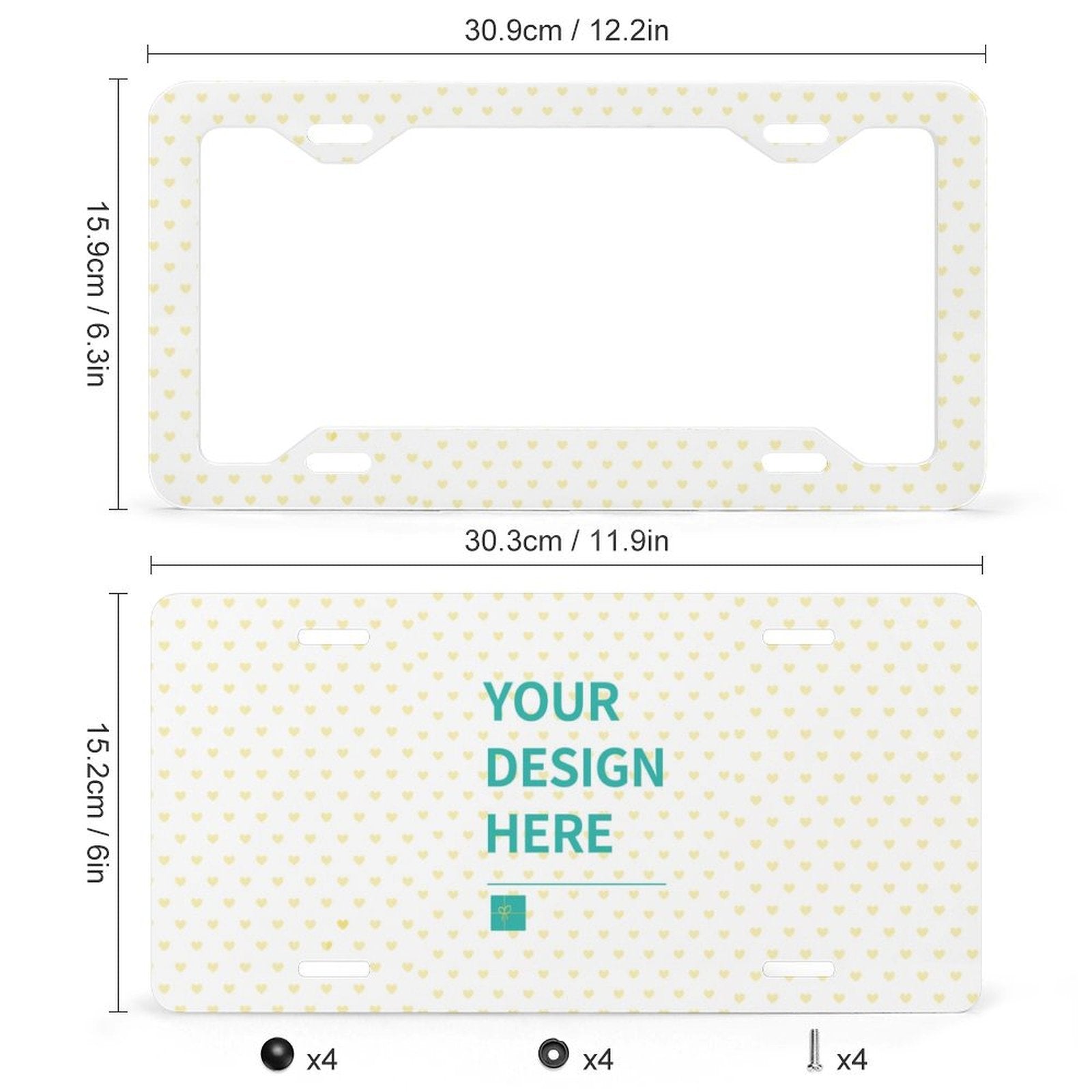 Personalized license plate with heart pattern, featuring 'YOUR DESIGN HERE', metal frame, ideal gift.
