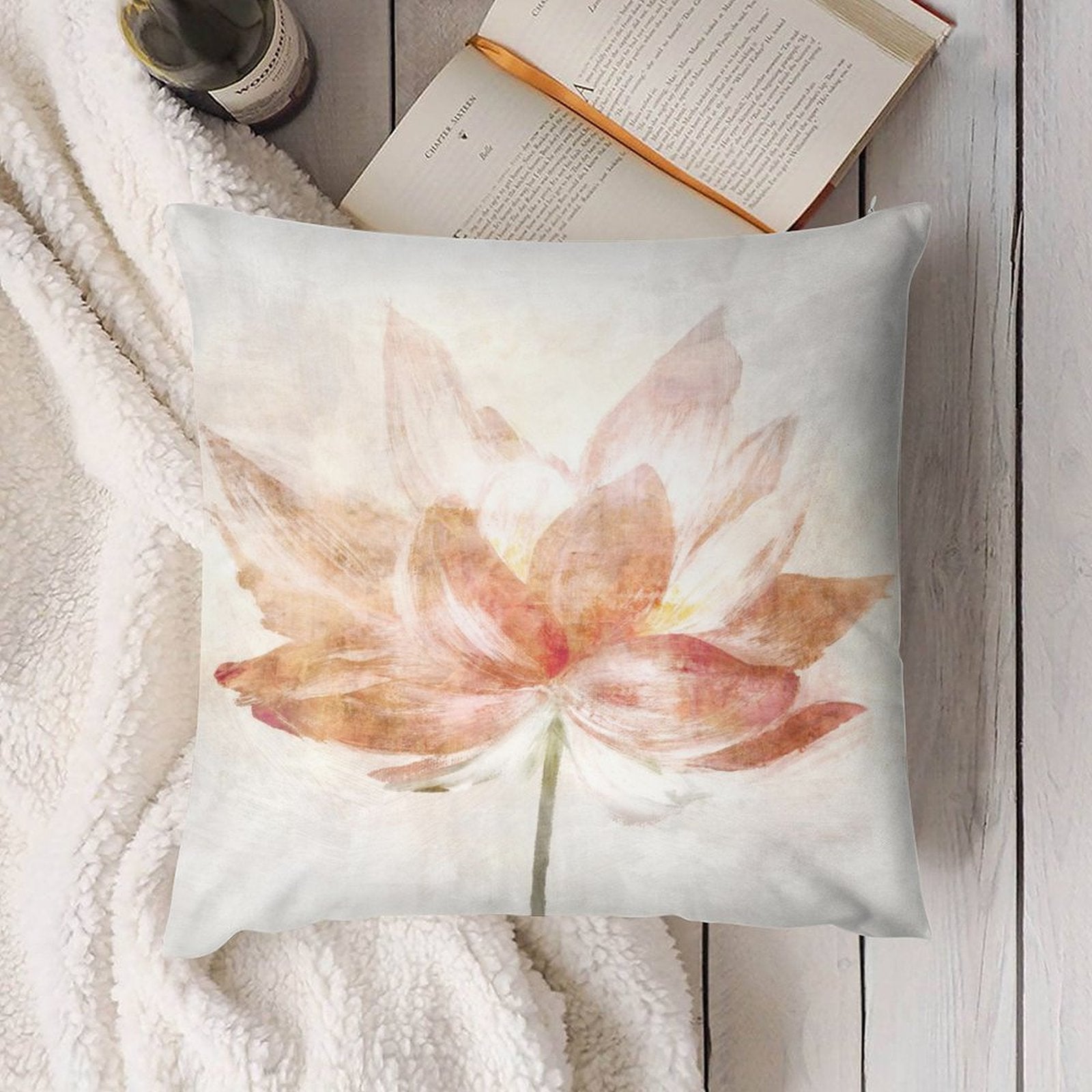 Luxury short plush throw pillow cover with watercolor lotus flower design, perfect for sofa and living room decor
