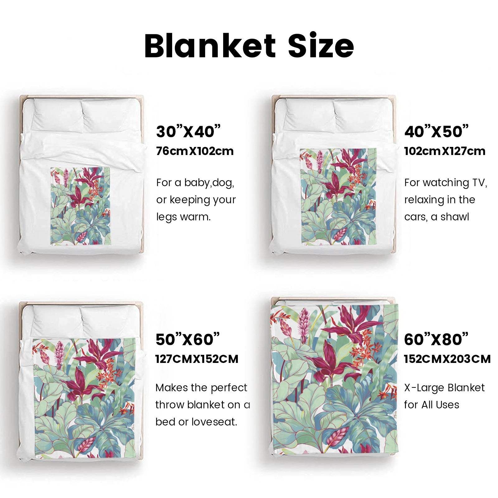 Tropical plants and flower flannel blanket size chart: 30x40, 40x50, 50x60, 60x80 for sofa, couch, or bed.