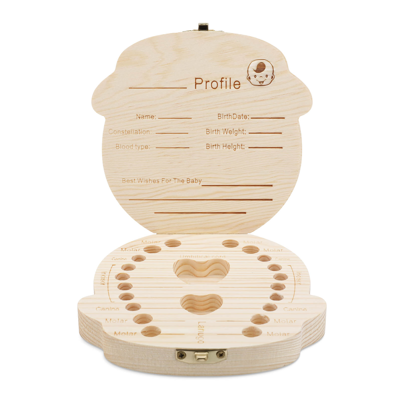 Personalized wooden baby tooth box with profile section, baby keepsake gift for childhood memory