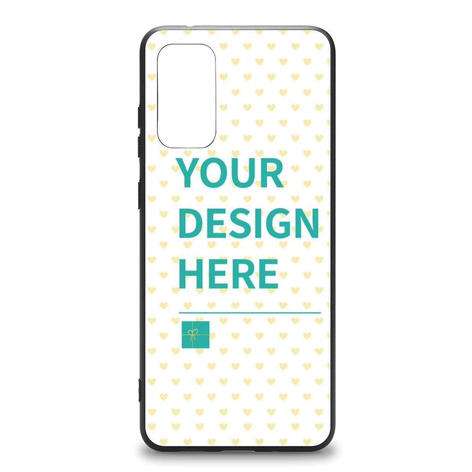 Custom Samsung phone case mockup, with 'YOUR DESIGN HERE' text for personalization on MyArtsyGift.com