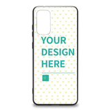 Custom Samsung phone case mockup, with 'YOUR DESIGN HERE' text for personalization on MyArtsyGift.com