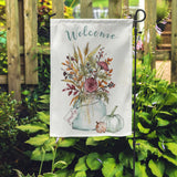 Double-sided garden flag with "Welcome" text, floral design, and pumpkins. Made in USA, perfect for outdoor decor.
