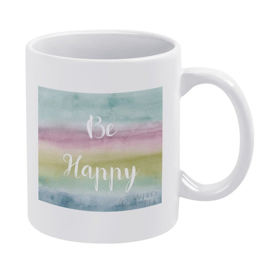Personalized white ceramic coffee mug with Be Happy watercolor design, customizable gift idea