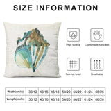 Plush throw pillow cover featuring watercolor seashell design, showcasing size options and material features.