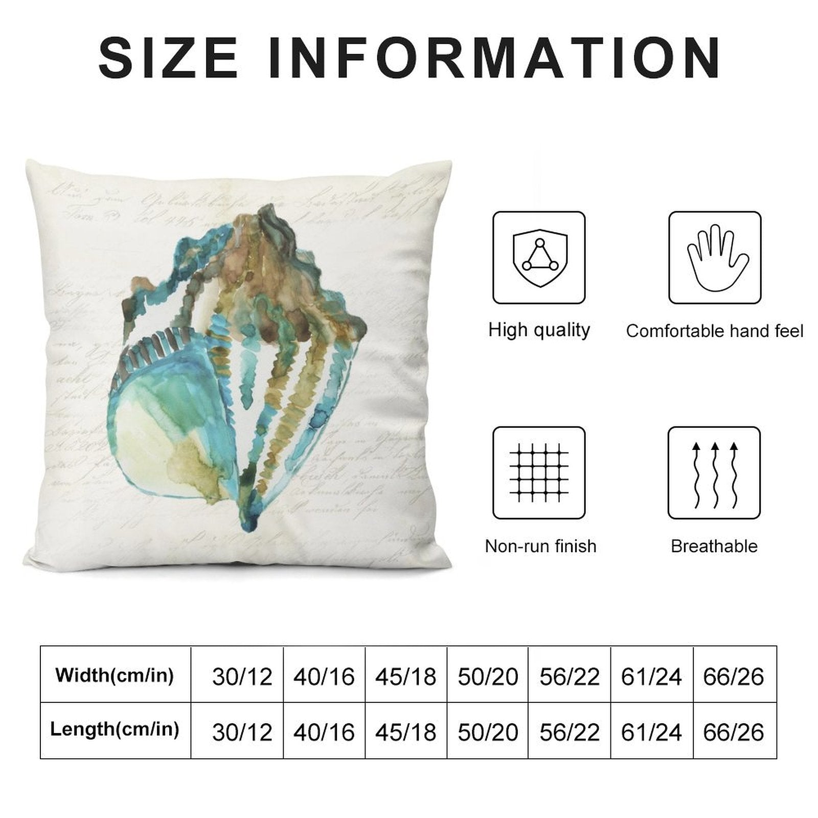 Seashell design plush pillow cover. Soft, decorative pillow for sofa and living room, with size options.
