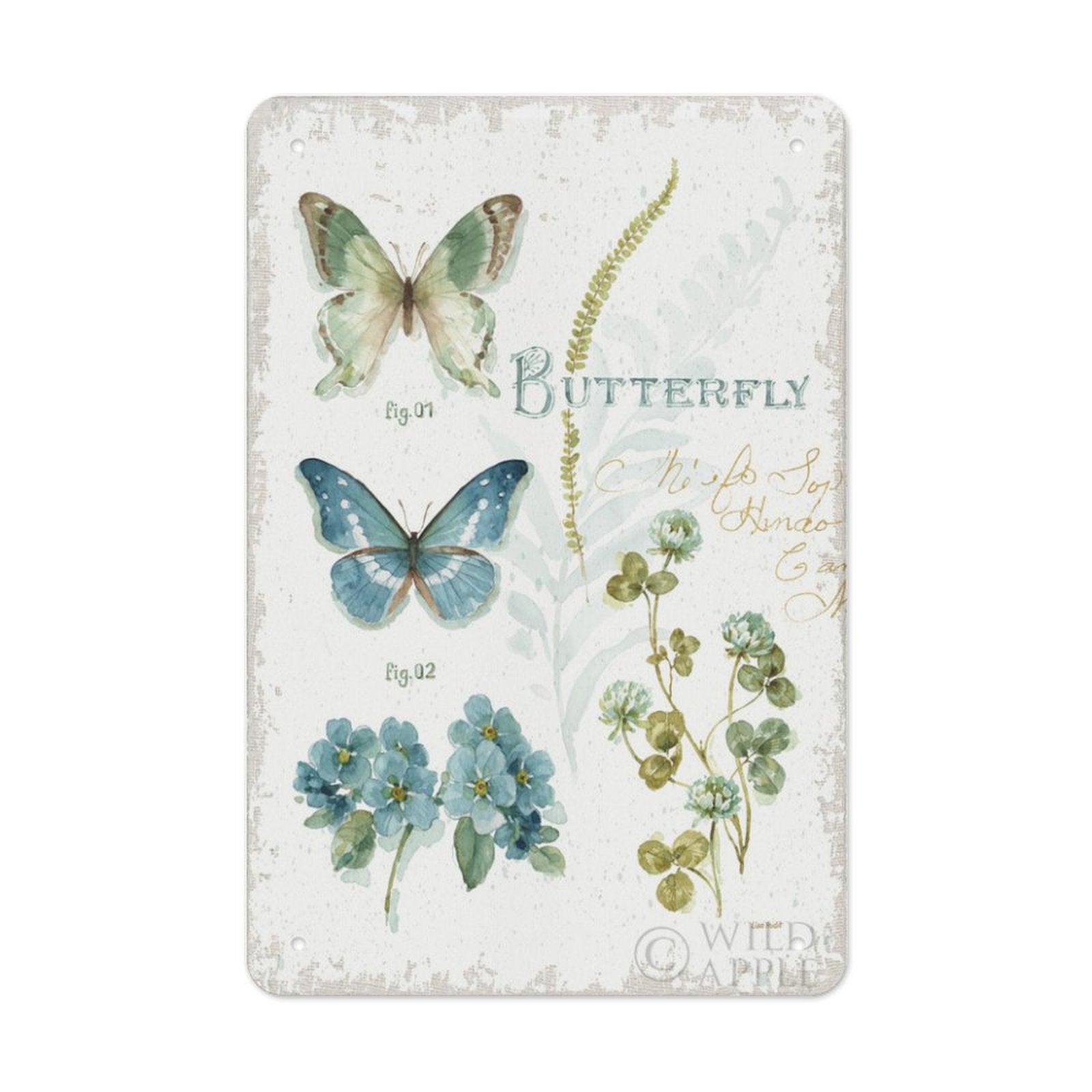Personalized metal tin sign, botanical butterfly design with text. Made in USA. Perfect for home, office decor.