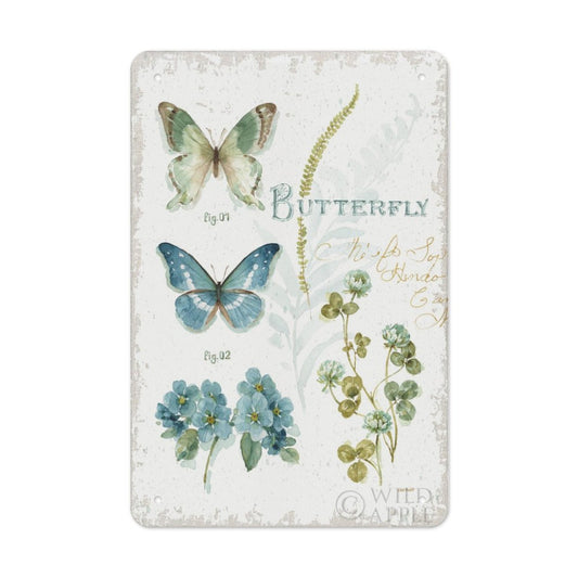 Personalized metal tin sign, botanical butterfly design with text. Made in USA. Perfect for home, office decor.