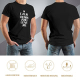 Black men's short sleeve t-shirt with "Calm Down and Love Me" print, breathable crew neck tee.