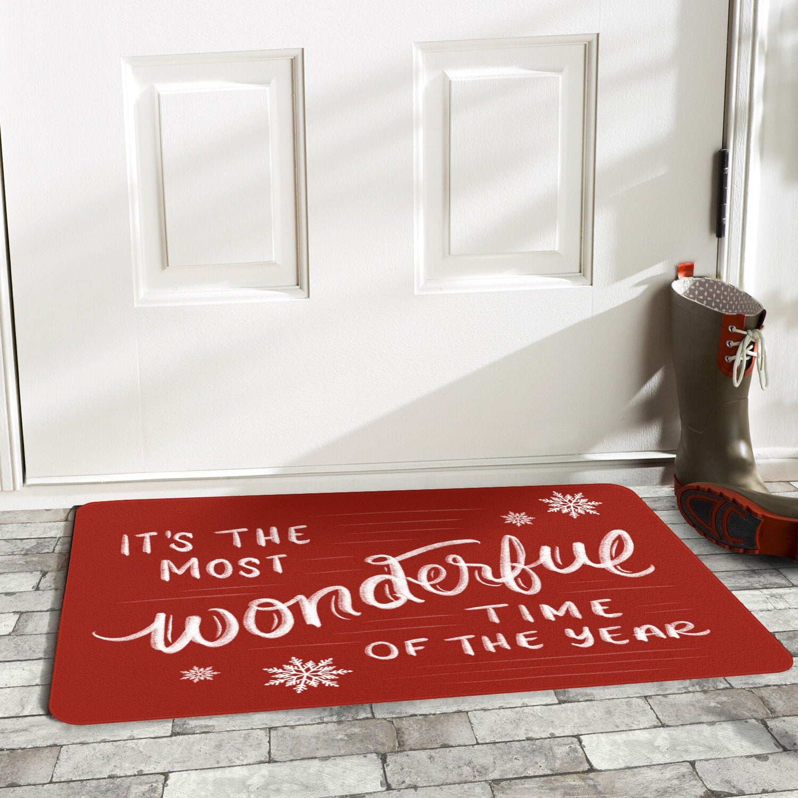 Red "Wonderful Time of the Year" rubber doormat for front door decor