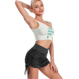 Custom sports bra with "YOUR DESIGN HERE" design, workout tank top, black skirt, breathable fabric
