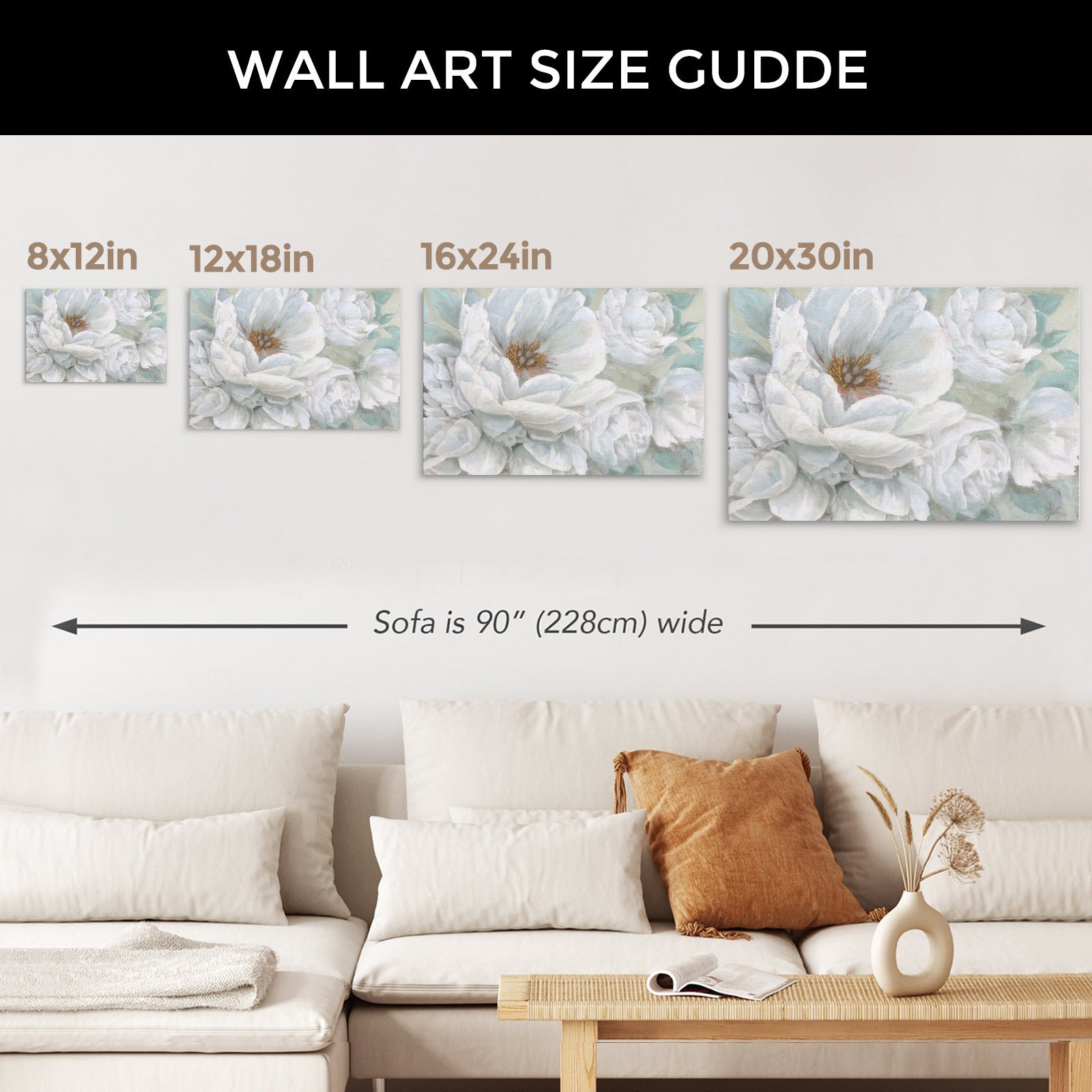 Beauty Bouquet canvas print size guide. White floral art in 8x12, 12x18, 16x24, and 20x30 inch options.