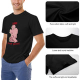 Men's black crew neck t-shirt with pink angel graphic, SHH Keep Quiet print, pure cotton fabric, breathable cuffs