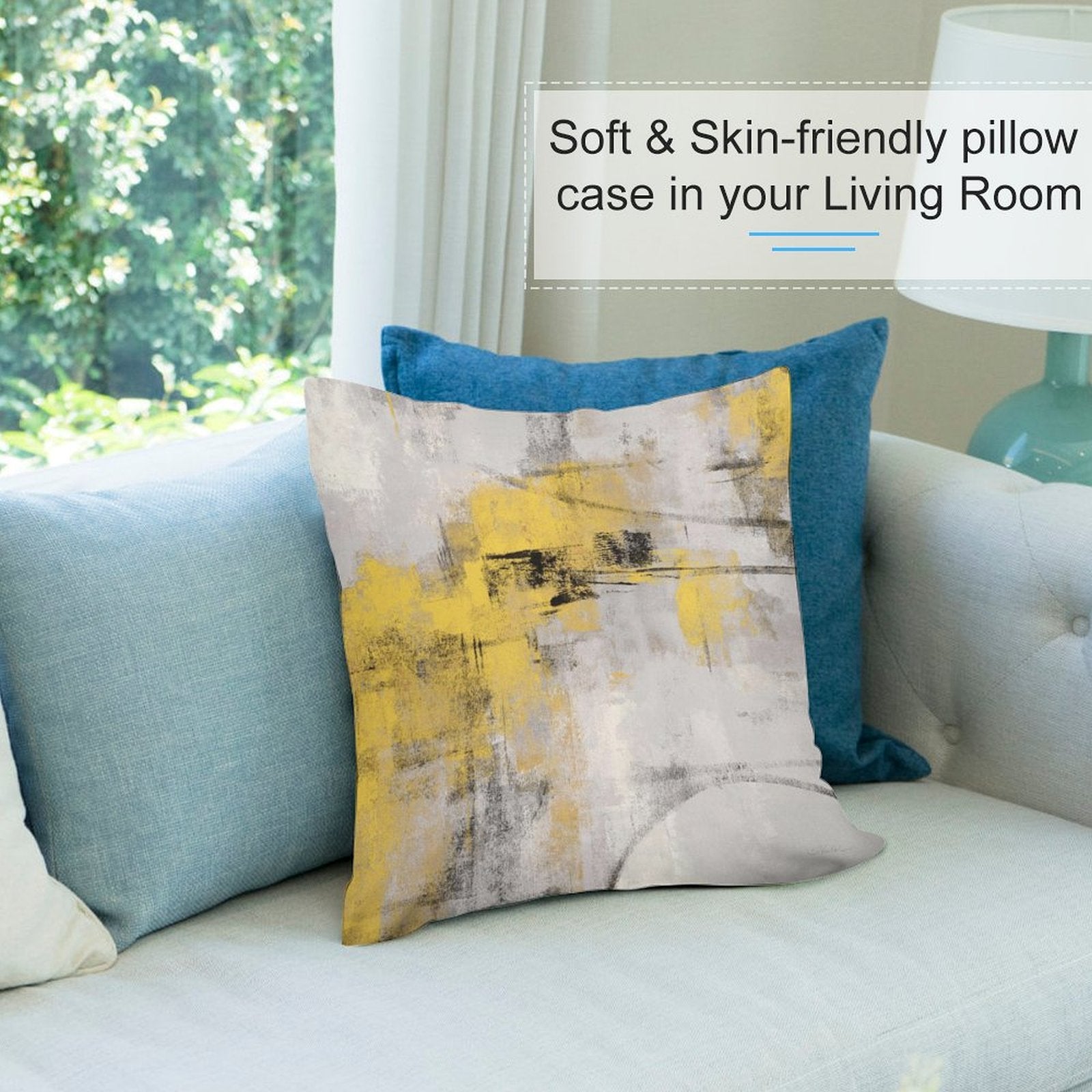Abstract throw pillow cover on sofa, yellow and gray design, soft plush fabric for living room decor.