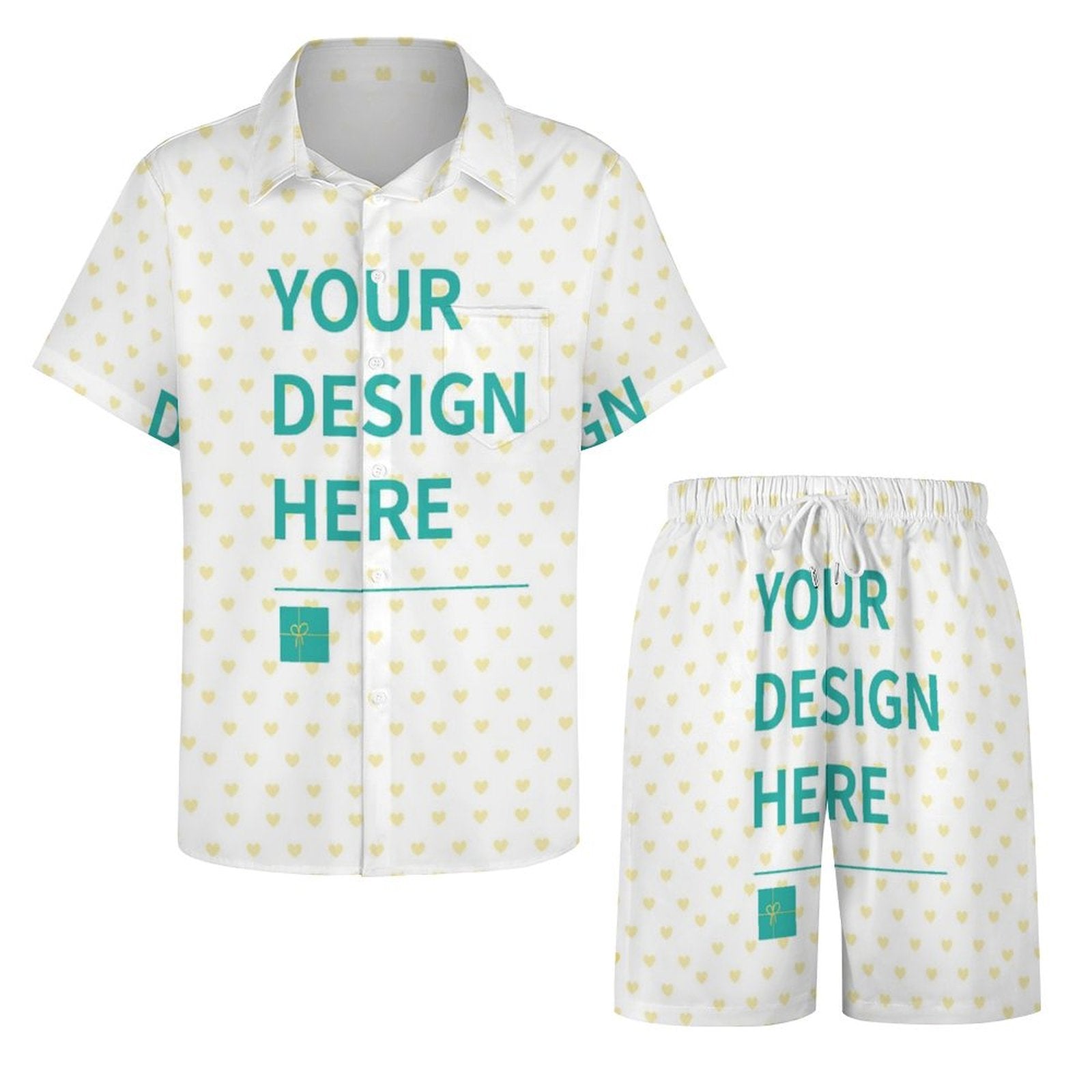 Customizable men's short sleeve shirt set, white fabric, heart pattern with 'YOUR DESIGN HERE' text