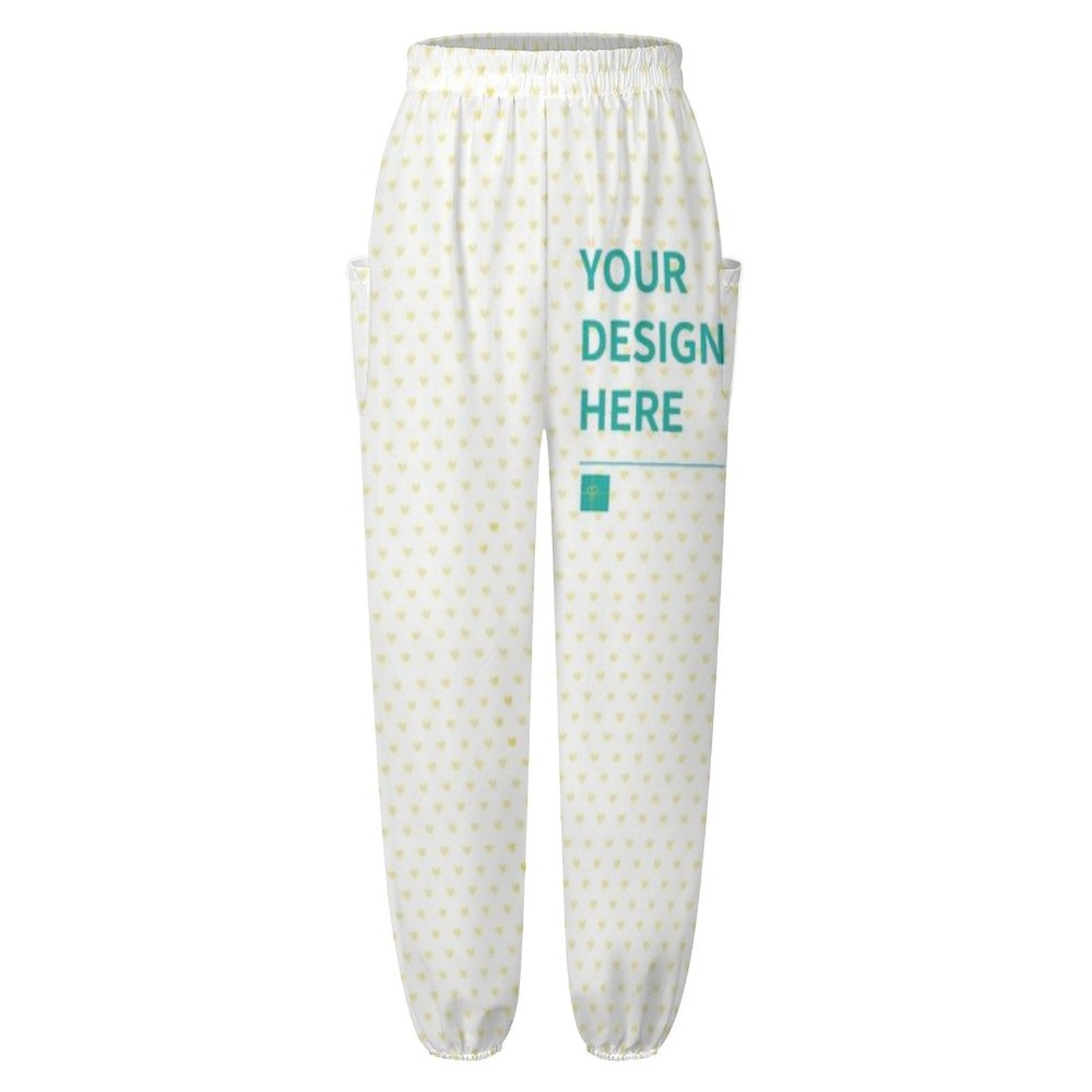 Custom yoga pants for women, white with heart pattern, with text 'YOUR DESIGN HERE', perfect for sports and yoga.