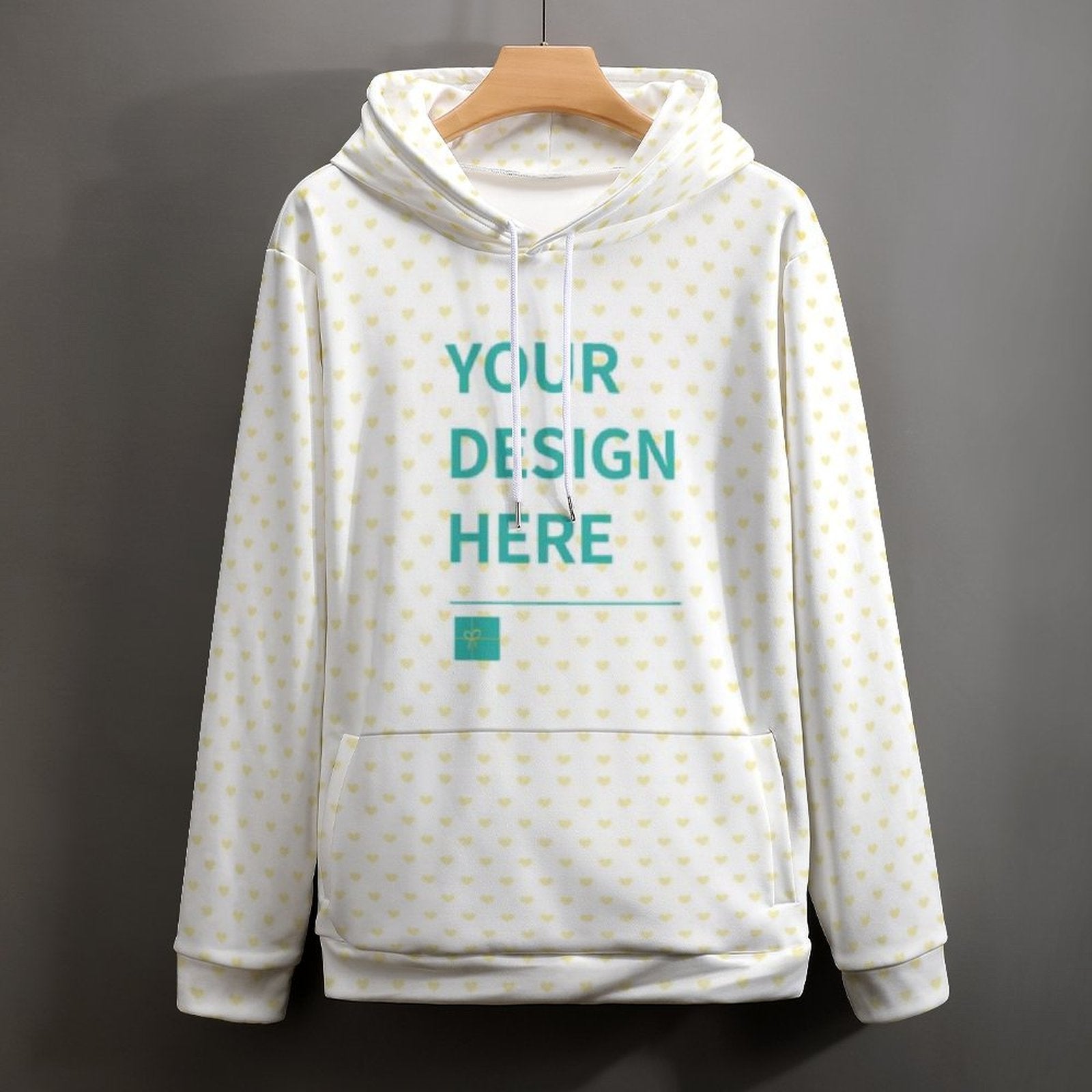 Customizable white men's hoodie with heart pattern from MyArtsyGift. Design your own sweatshirt here.