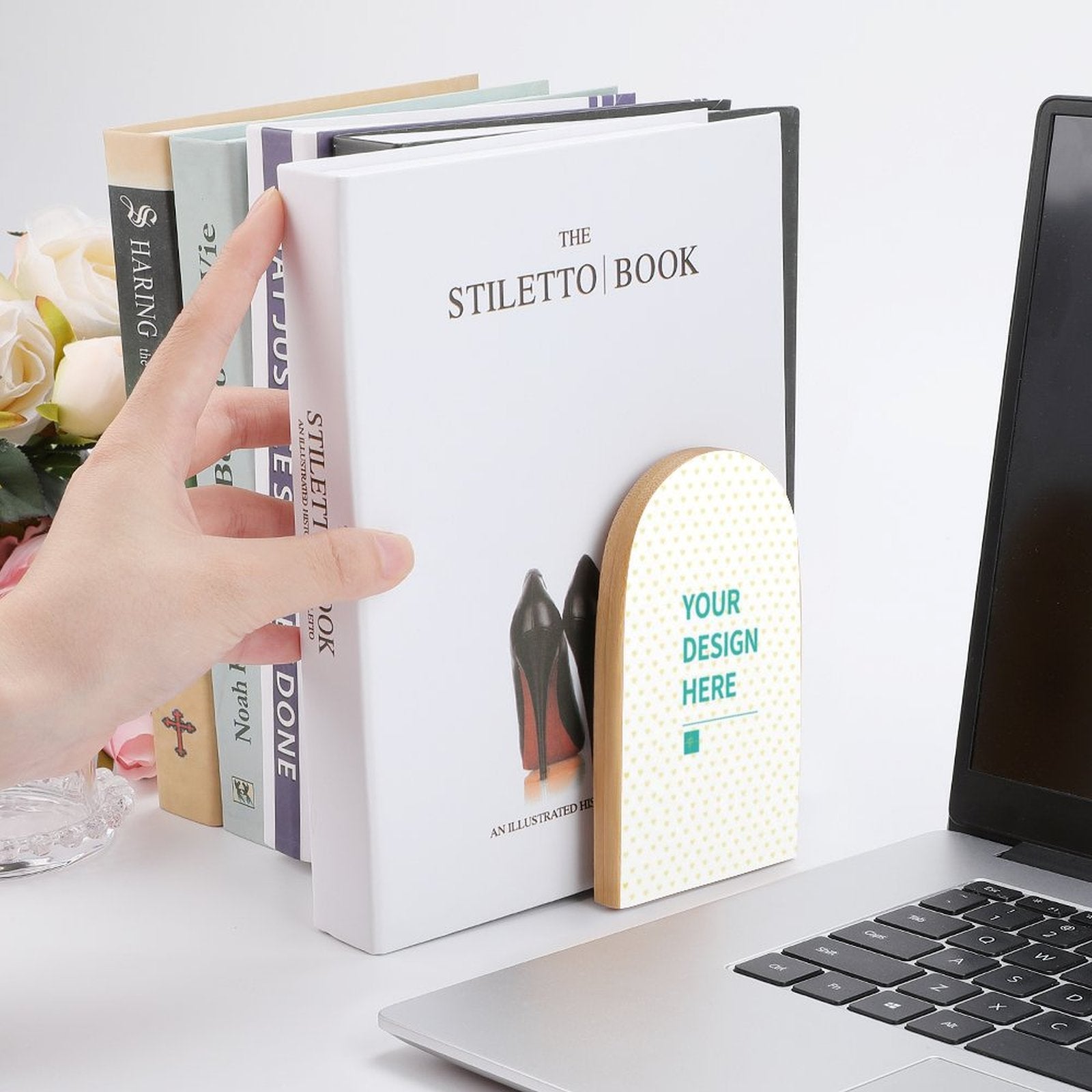 Custom beech wood bookends holding books on desk, personalized book holder with user's design, office organizer, MyArtsyGift.