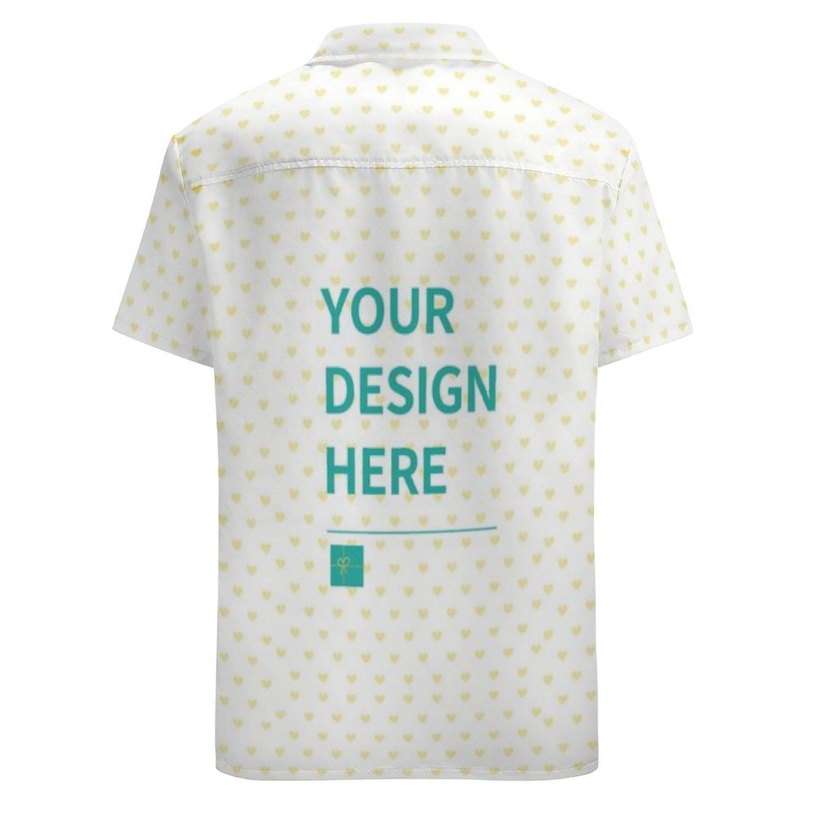 Custom men's short sleeve shirt with heart pattern, 'YOUR DESIGN HERE' text, polyester fabric, perfect for summer.