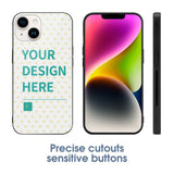 Custom iPhone 14 case, personalized design, text 'YOUR DESIGN HERE'. Featuring precise cutouts and sensitive buttons.