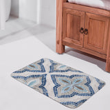 Coral velvet bath rug with blue, gray, and white mosaic pattern, non-slip floor carpet for bathroom