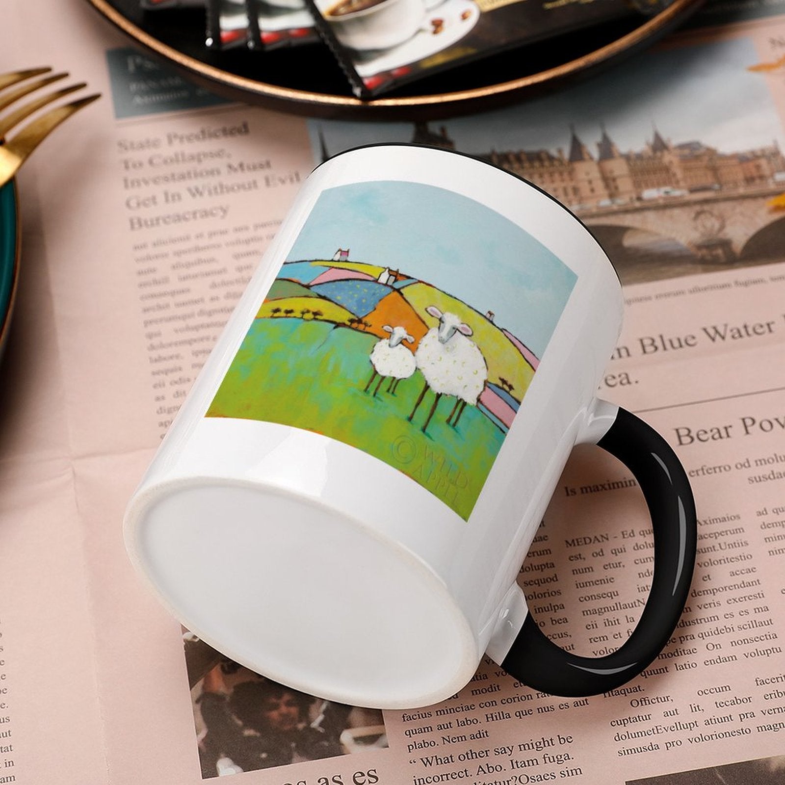Personalized white ceramic mug with sheep artwork, black handle, perfect gift from MyArtsyGift