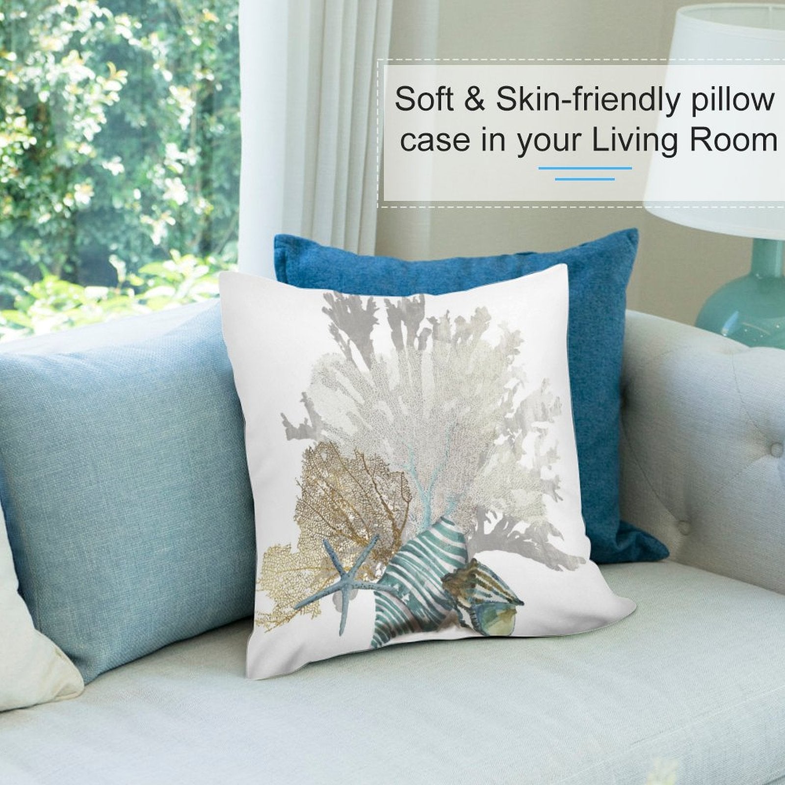 Soft plush pillow cover with watercolor coral, starfish, and seashell design for sofa, skin-friendly in living room.
