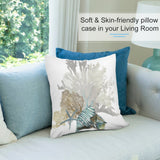 Coastal plush pillow cover with coral, starfish and seashell design, soft plush fabric for sofa decor