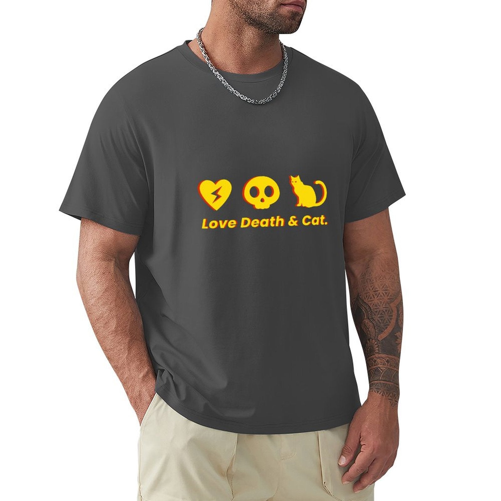 Men's dark gray Love Death & Cat graphic t-shirt, crew neck, cotton tee, MyArtsyGift, S-6XL