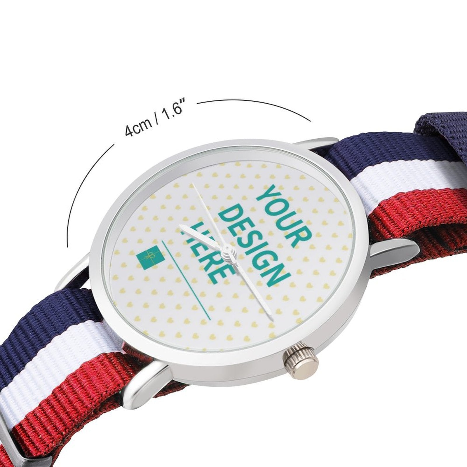 Custom photo watch for men and women, featuring a personalized design, nylon strap, and text 'YOUR DESIGN HERE'