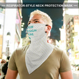 Custom neck gaiter with ear loops, featuring "OUR DESIGN HERE", offering sun and dust protection for men and women.