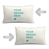 Personalized throw pillow cover with 'YOUR DESIGN HERE' text, white plush fabric and heart pattern