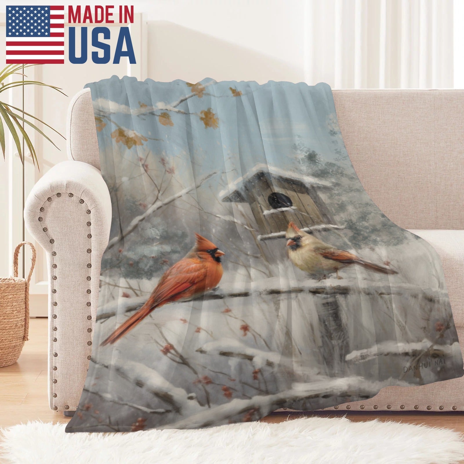 Winter Seasons Cardinal Birds Flannel Blanket, Made in USA. Soft and warm blanket, perfect for home decor and gifts.