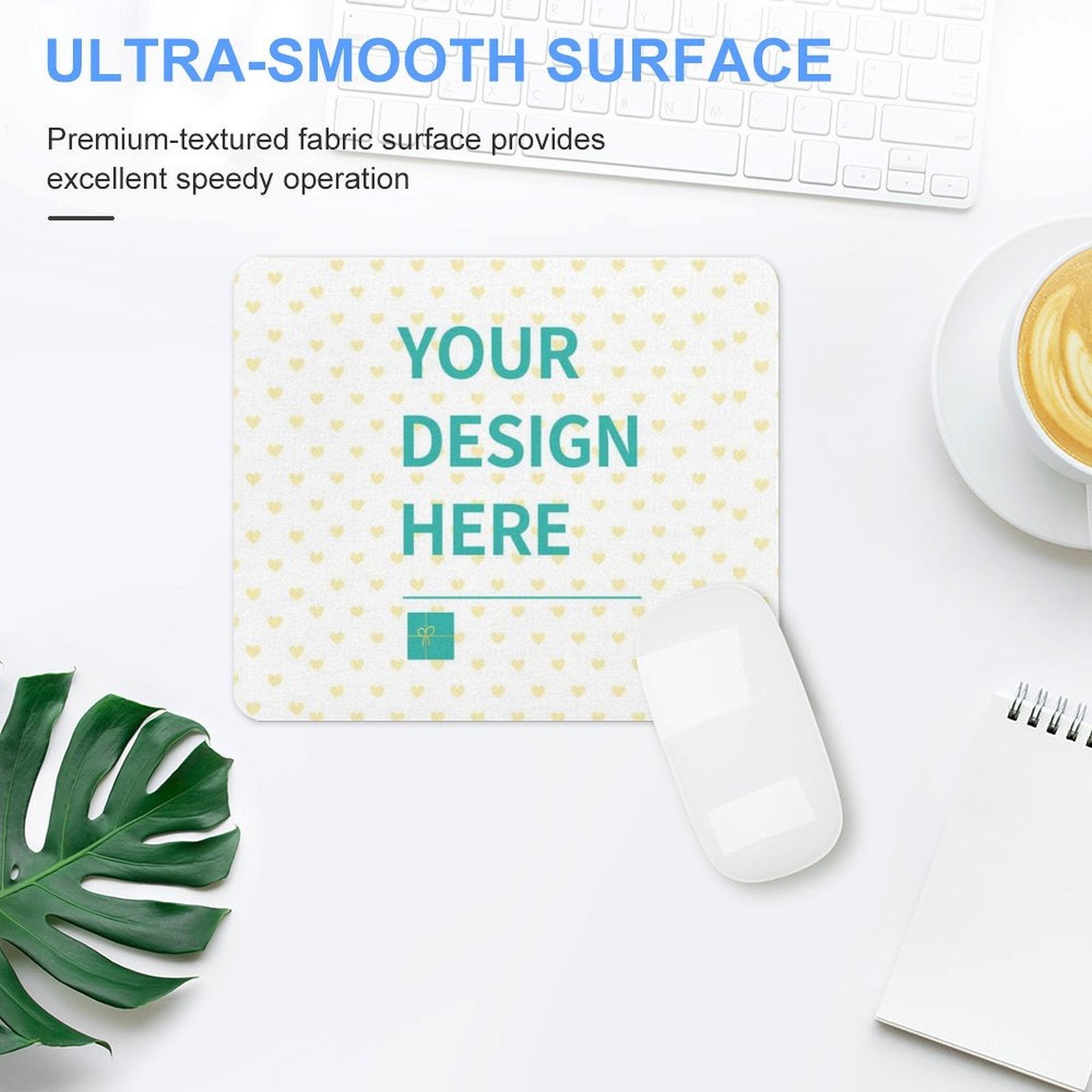 Customizable mouse pad with "YOUR DESIGN HERE" text, perfect for gaming, featuring a white mouse and a smooth surface.