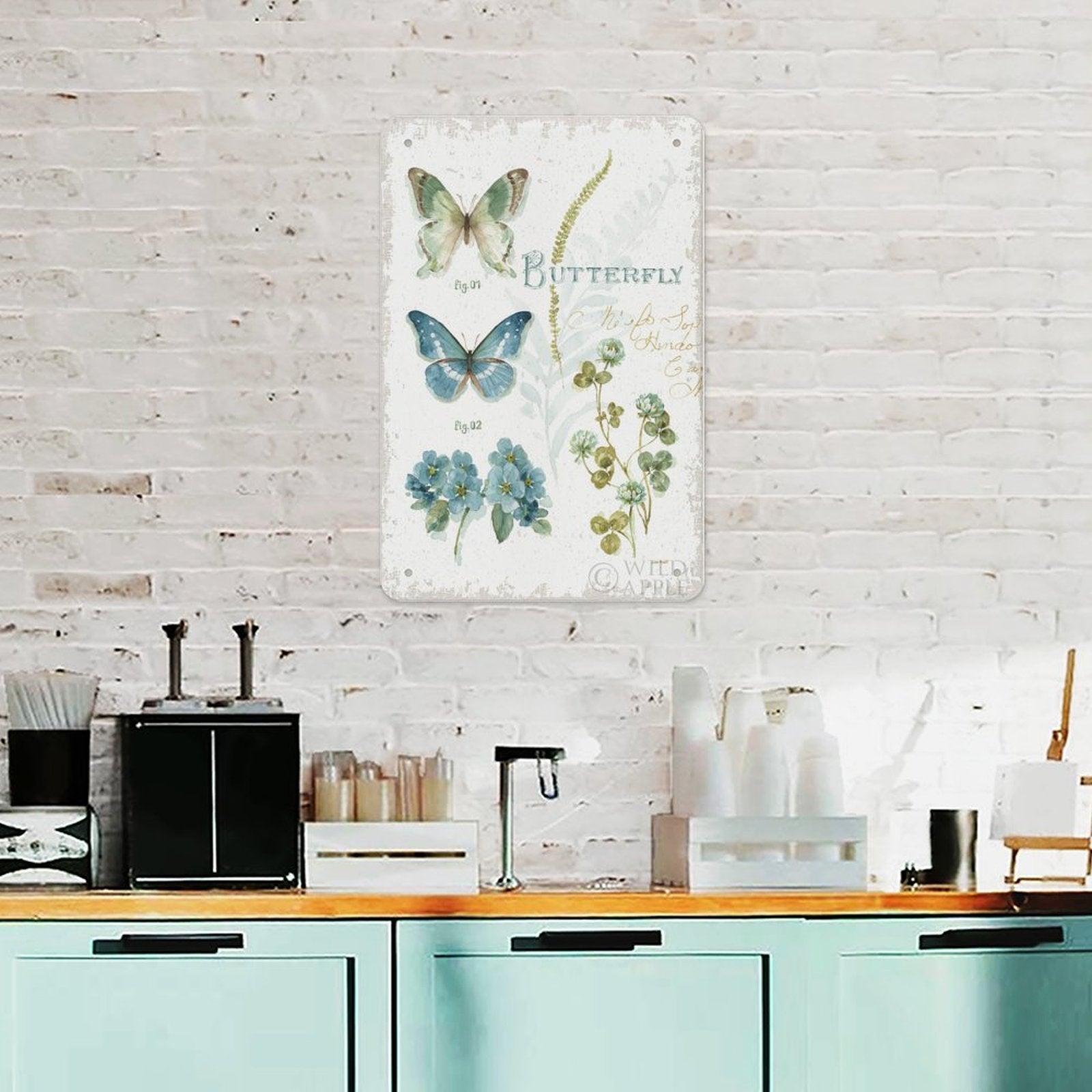 Metal tin sign with butterfly and botanical design, perfect home decor. Made in USA.