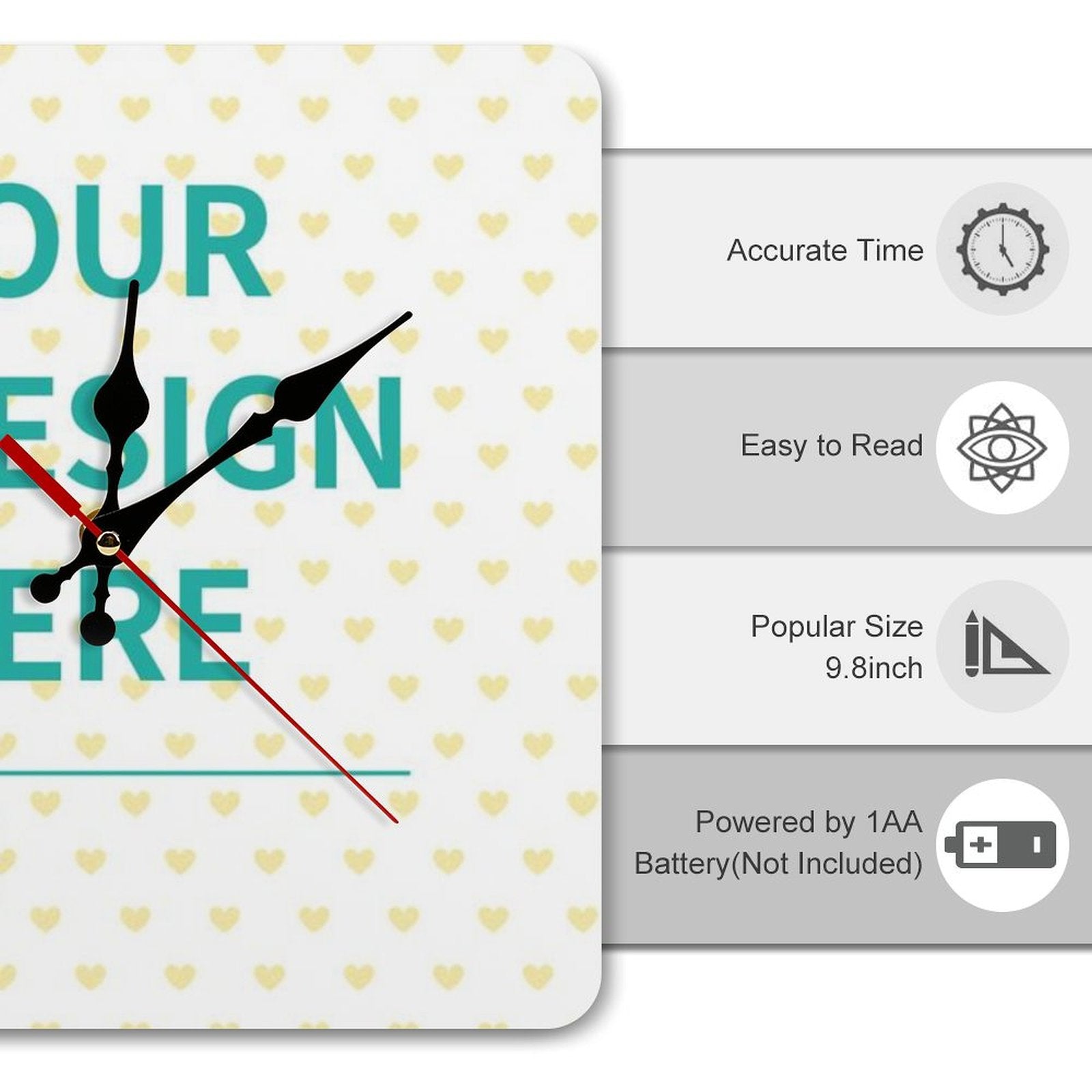 Custom square wall clock with 'Your Design Here' text, composite board material, home or kitchen decor.