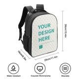 Customizable laptop backpack with 'YOUR DESIGN HERE' text, water-resistant, and designed for wearability.