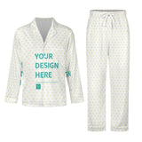Personalized men's pajama set with "YOUR DESIGN HERE" print, cotton-like fabric, custom button-down sleepwear gift for men