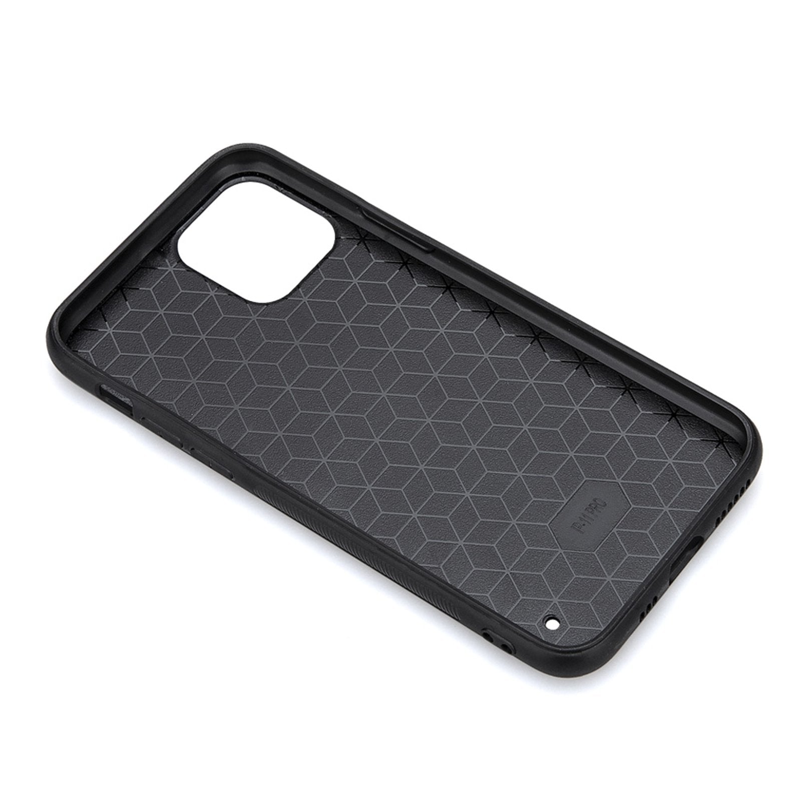 Black iPhone 11 Pro case with geometric pattern interior, shockproof and anti-scratch protection, F-11PRO text.