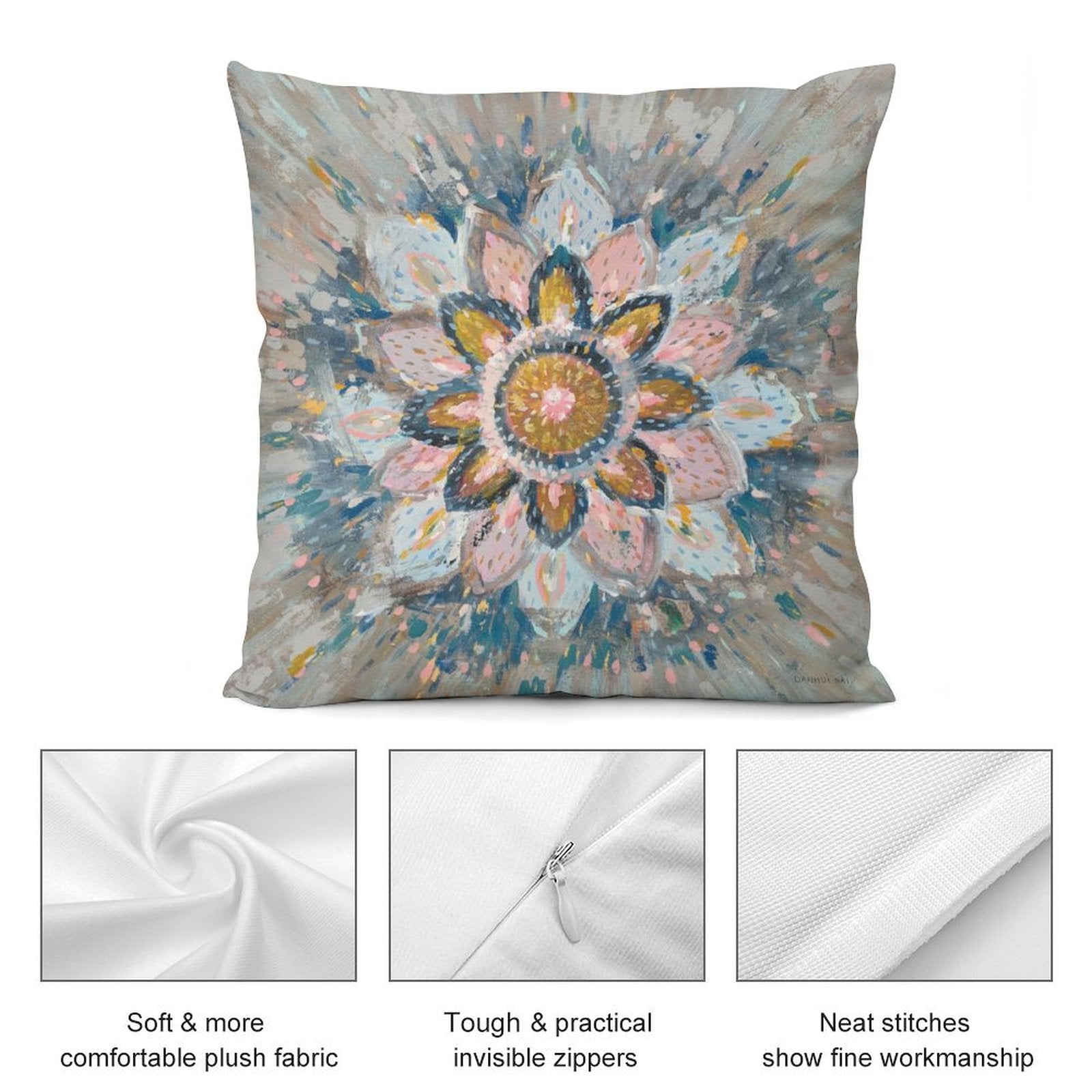 Plush throw pillow cover with abstract floral design, soft fabric, and invisible zipper. DANHUI NAI.