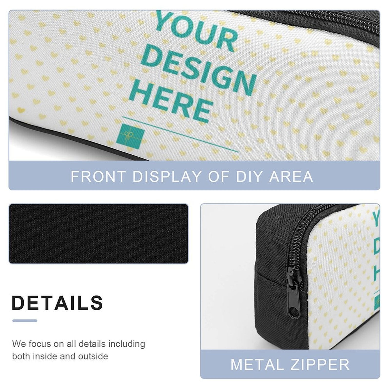 Customizable pencil case with design, for MyArtsyGift school backpacks, featuring metal zipper.