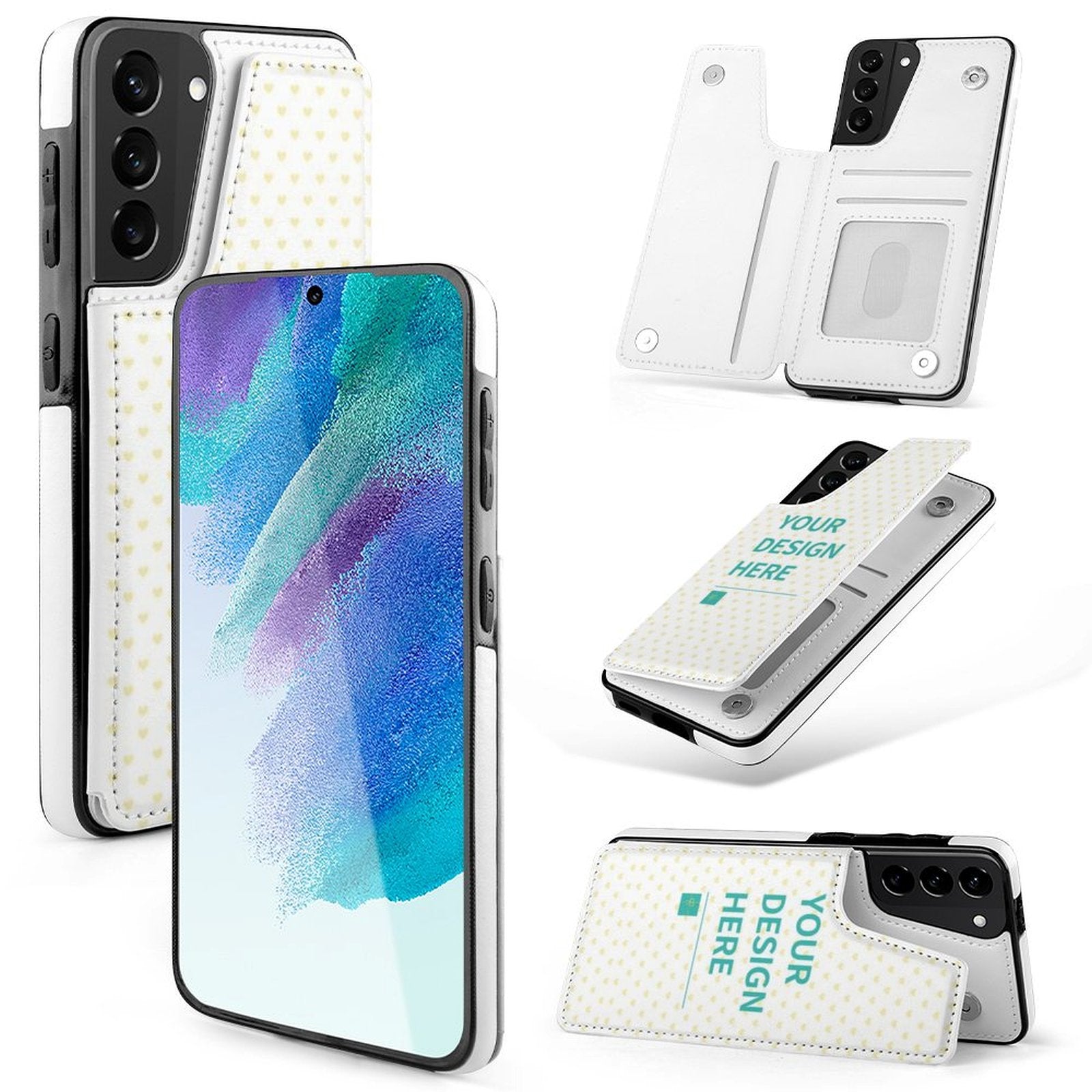 White PU leather Samsung Galaxy S21 flip case with 'YOUR DESIGN HERE' design, card slot, protective cover