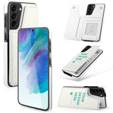 White PU leather Samsung Galaxy S21 flip case with 'YOUR DESIGN HERE' design, card slot, protective cover