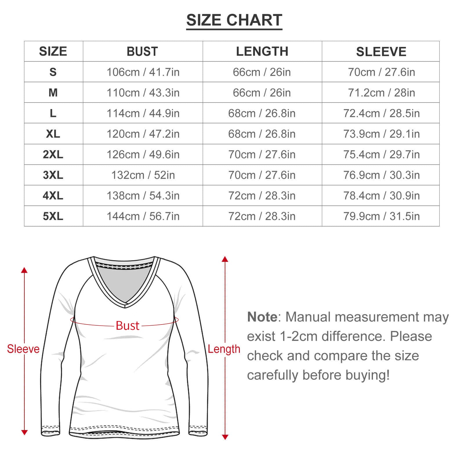 Women's V-neck long sleeve tee size chart (S-5XL): bust, length, sleeve measurements. MyArtsyGift.
