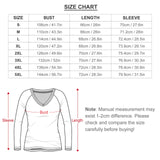 Women's V-neck long sleeve tee size chart (S-5XL): bust, length, sleeve measurements. MyArtsyGift.