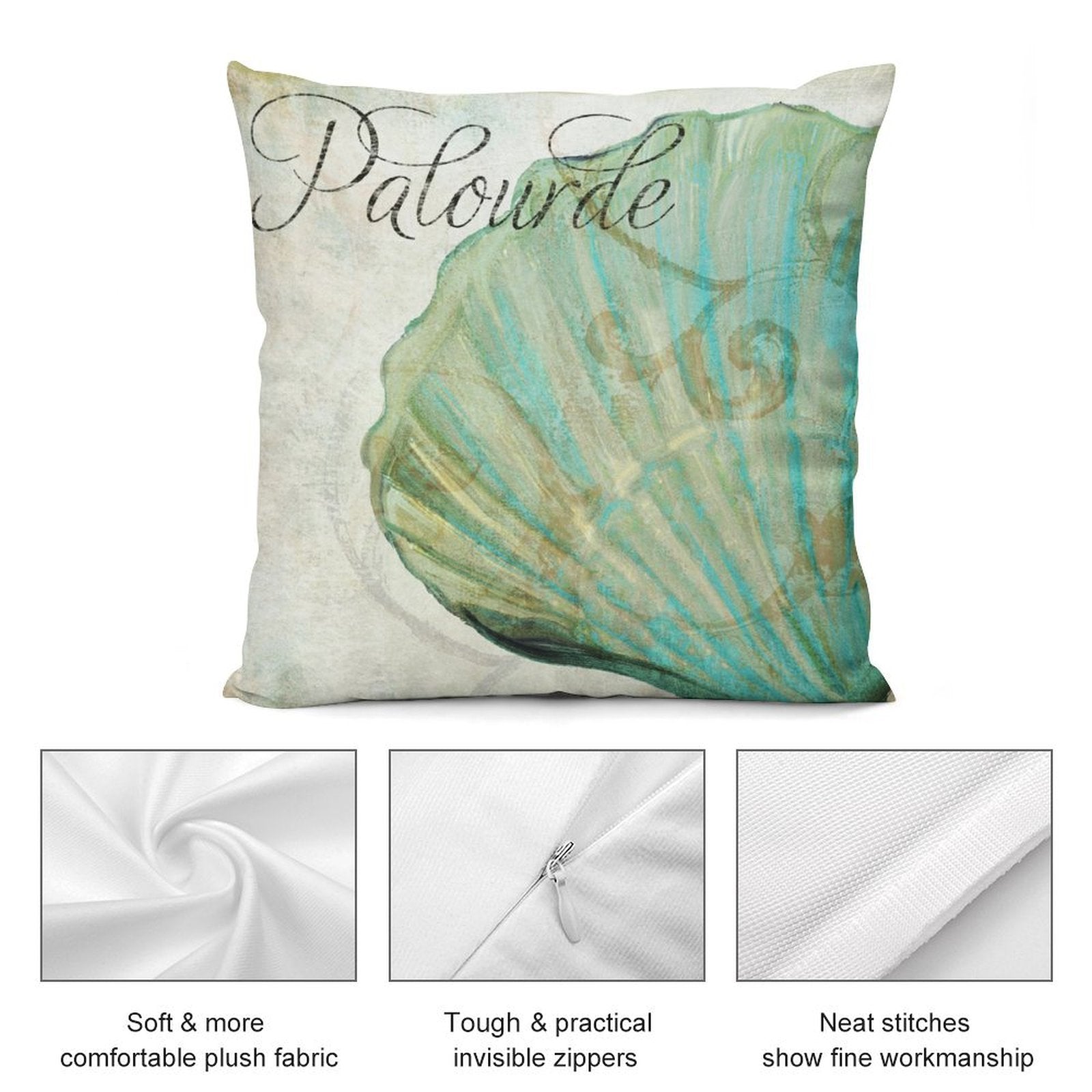 Plush pillow cover with teal seashell design, "Palourde" text, soft short plush material for sofa and living room