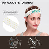 White sweatband with yellow hearts and the word "DESIGN" on a woman's head, designed for sports, to absorb sweat