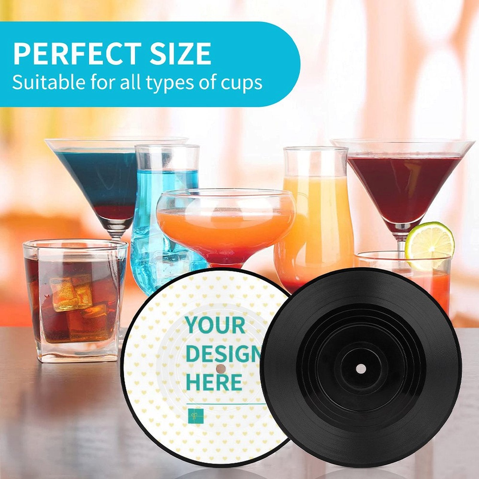 Personalized coasters with retro CD design. "YOUR DESIGN HERE" text. Perfect for drinks at home or office. Custom gift.